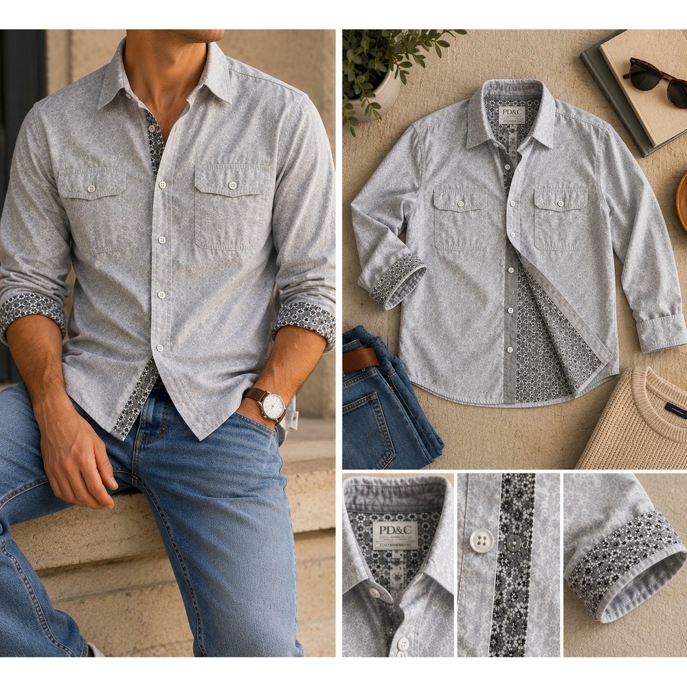 PD&C Mens Gray Micro Print Western Shirt Large Pearl Snap Style Button Down L